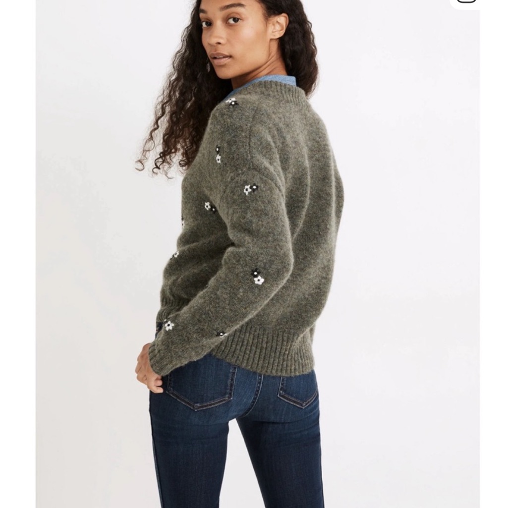 Madewell Grey / Olive Alpaca Sweater With Embroidered Floral Details